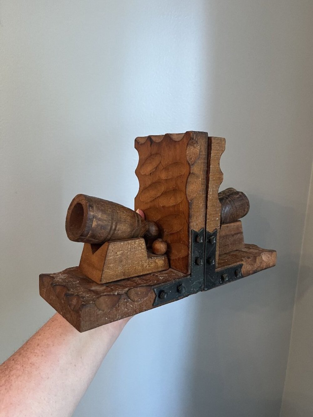 Vintage Hand-Carved Wooden Cannon Bookends With Rustic Metal Accents - Decorativ